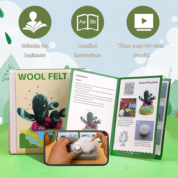 Yizzvb Needle Felting Kit for Beginners Adults, Complete Plant Wool Felting Set with 100pcs Sewing Pins, Felting Needles, Wool, Pad & Instructions, DIY Craft Kit for Home Decor & Creative Projects