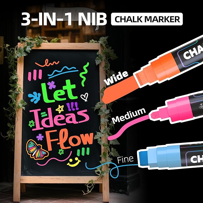 WUO Window Chalk Markers,12 Colors Car Markers,10mm 3-In-1 Jumbo Wide Nib, Dust-Free & Non-Toxic - Erasable Blackboards Marker For Rock Painting, Poster, Stone, Ceramic, Glass