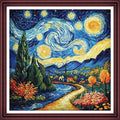 Redxing Stamped Cross Stitch Kits Full Range of Embroidery Starter Kits- Needlepoint Counted Cross Stitch Kits for Beginner Adults 11CT Printed Embroidery Kit-Van Gogh Starry Sky Garden 18x18 inch