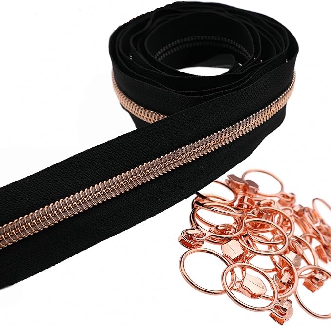 Leekayer #5 Rose Gold Metallic Teeth Nylon Coil Zippers by The Yard Bulk 10 Yards Black Zipper Tape with 25pcs Rose Gold Ring Pull Sliders for DIY Sewing Tailor Craft Bag(Black)