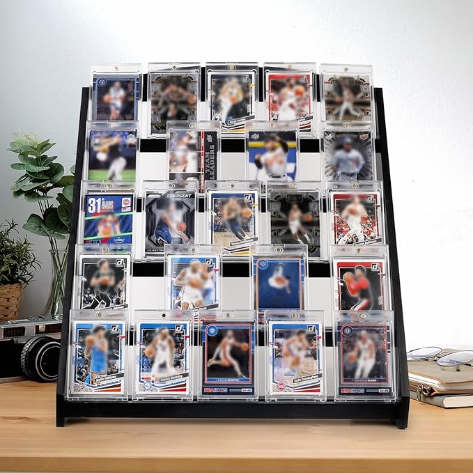 Trading Card Display Stand,5-Tier Bamboo Baseball Card Display Case, 35 pt Sports Card Display for Card Game Collection (Black)