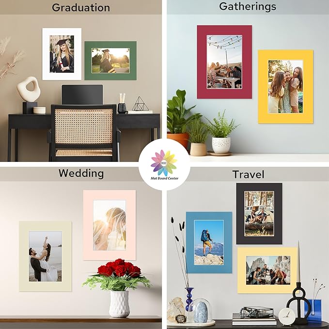 Mat Board Center, 12X16 Mix Color Mats for 8X12 Pictures - Acid Free, 4-Ply Thickness, White Core, Bevel Cut - for Artworks, Photos, Framing - Pack of 12