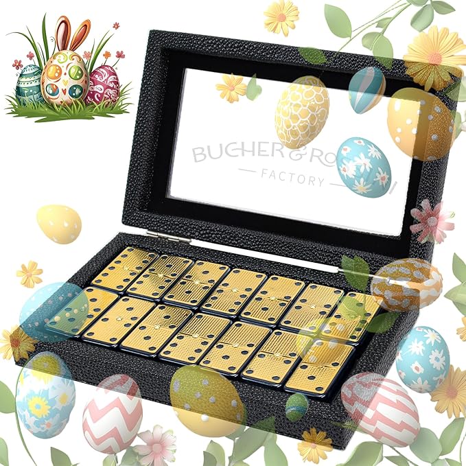 Bucher&Rossini Metal Surface Dominoes Set Double 6 for Adults and Kids - Classic 28Pieces Gold Metal Surface Domino's Game Set Idea Gift Present for Domino Players or Family Game Night