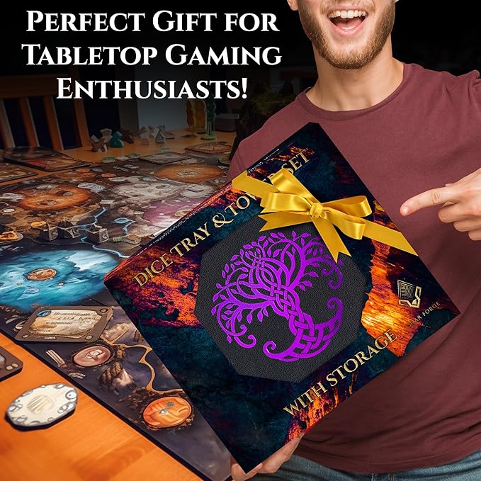 Dice Tray and Dice Tower for DND and RPG - All-in-One Game Roamer Tray & Large Tower for Random Rolls - Stores Your Sets, Mini's and More Compatible with D&D (Purple Tree)