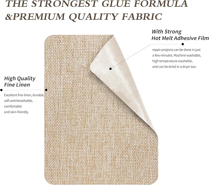 KING MOUNTAIN Linen Fabric Iron-on Repair Patch, Inside&Outside Fabric Repair Patch, 3"x60" with Backing Glue Linen Repair Decorative Patch kit (Light Beige)