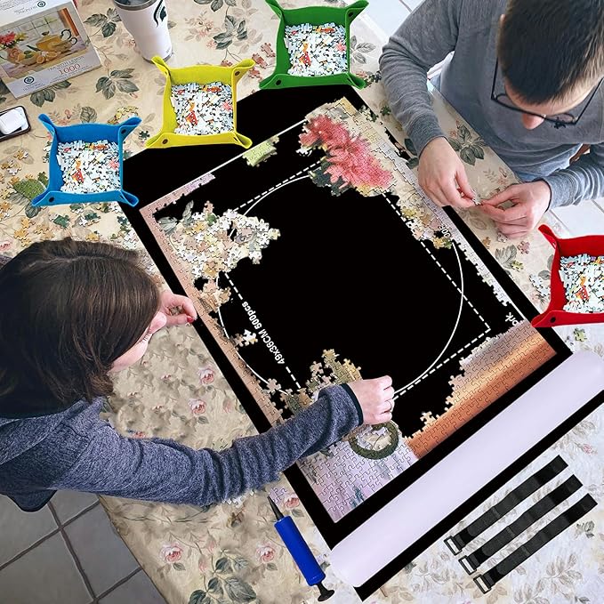 Celawork 1000 Pieces Puzzle mat roll up with Puzzle Sorting Trays,Jigsaw Puzzle Accessories for Puzzles Storage and Saver, Jigsaw Puzzle mat for Adult
