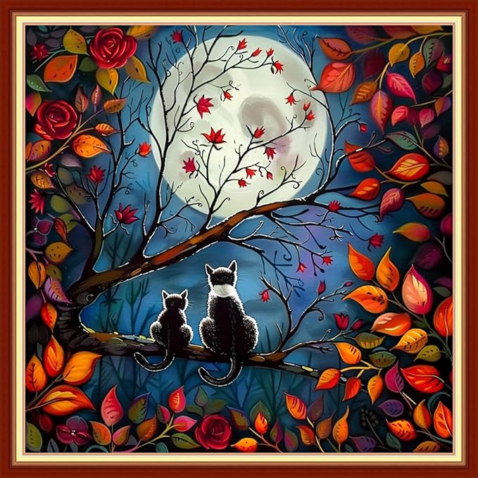 Joyhoor Stamped Cross Stitch Kits for Beginners, Needlepoint Kits for Adults, 11CT Counted Embroidery Kits-Cats Admiring The Moon 18x18 inchs