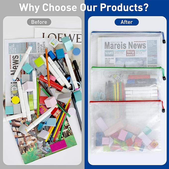 VVCO Mesh 32pcs Zipper Pouch Bags - A3 Size, 8 Color Mesh Zipper Pouches for Organizing, Board Game, Travel, School & Office