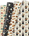 Pineraap 12 Sheets Baking Theme Wrapping Paper, Cute Baker Design Gift Wrap Paper with Croissant, Bread, Folded Flat Art Paper for Baking Lover, Baker, Birthday, DIY Crafts, 19.7 x 27.6 Inch