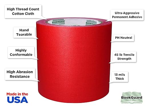 BookGuard 4 inch Premium Bookbinding Repair Cloth Tape, 15 Yard Roll, Red