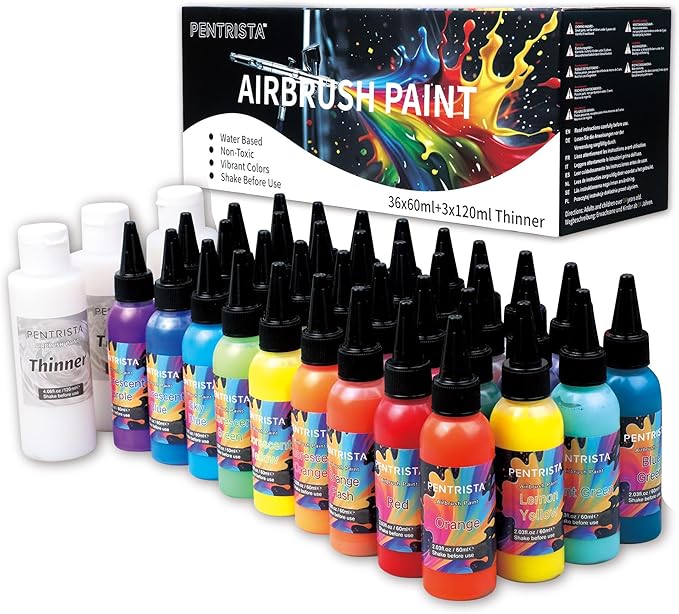 PENTRISTA 36-Color Airbrush Paint Set (60 ml/2.03 oz)with 3 Thinner - Flash Neon & Metallic Air Brush Paints,Lightfast & Water-Resistant Finish Acrylic Airbrush for Beginners,Artists for Models Nails