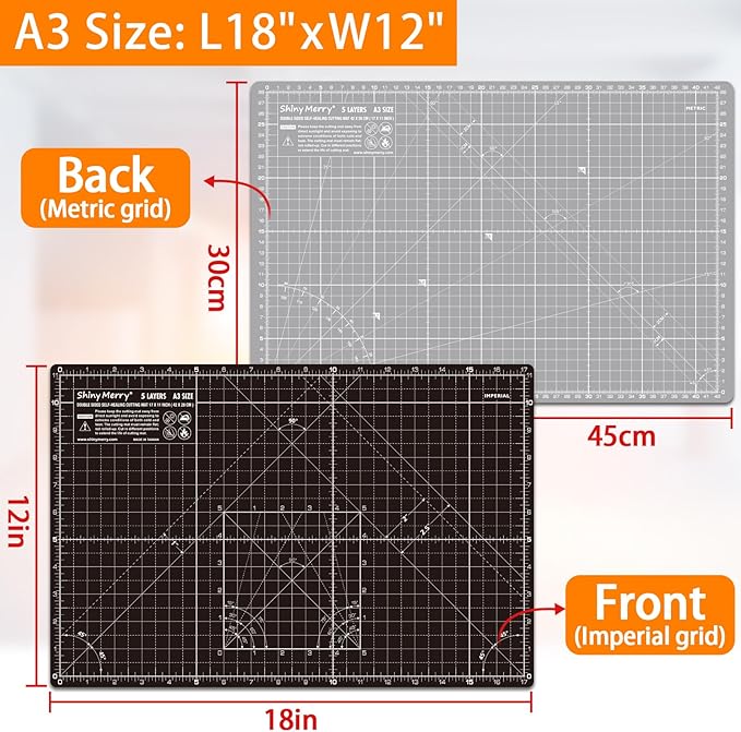 Self Healing Cutting Mat A3 12"x18" – Double Sided 5-Ply Craft Mat for Sewing, Quilting, Fabric, Scrapbooking – Black/Gray
