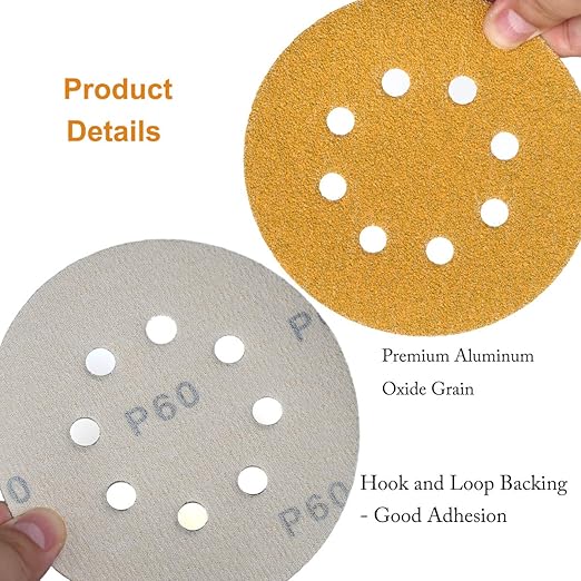 5-Inch 8-Hole Hook and Loop Sanding Discs 60-Grit Random Orbit Sandpaper, 50-Pack