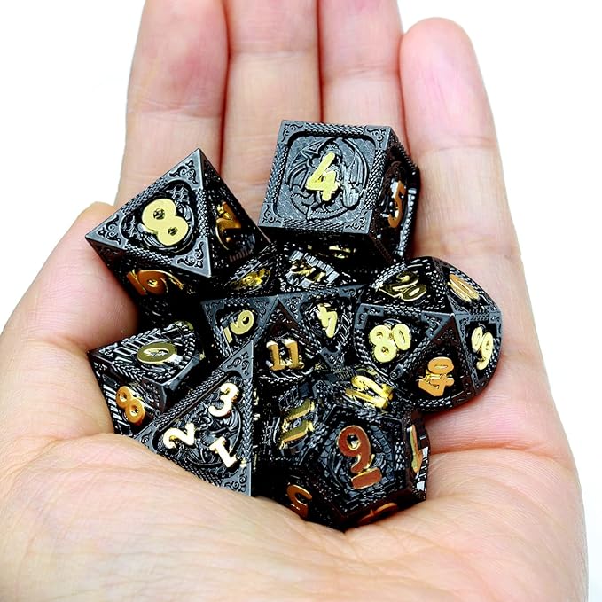 Haxtec Metal DND Dice Set Black Gold Metal D&D Dice with Fire-Breathing Dragon Elements & Leather Dice Bag Polyhedral Dice Compatible with Dungeons and Dragons TTRPG Gifts