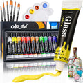 Colorful Acrylic Glass Paint Set with 6 Brushes, 1 Palette, 12 Colors Stain Glass Paints for Wine, Waterproof Acrylic Enamel Paint Kit to Create Translucent Arts on Porcelain, Window & Ceramic
