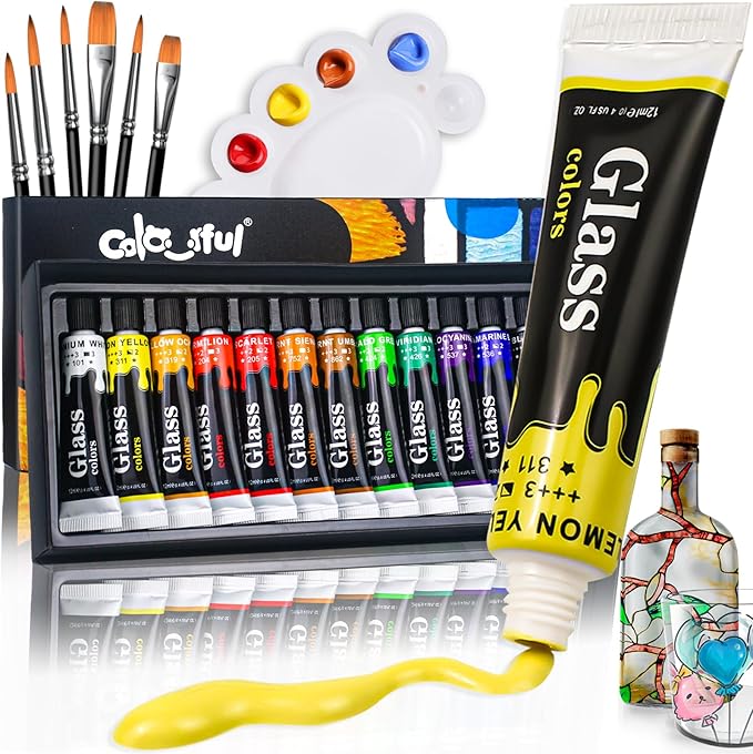 Colorful Acrylic Glass Paint Set with 6 Brushes, 1 Palette, 12 Colors Stain Glass Paints for Wine, Waterproof Acrylic Enamel Paint Kit to Create Translucent Arts on Porcelain, Window & Ceramic