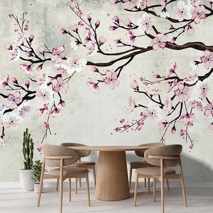wall26 Wall Sticker/Wall Mural Watercolor Style Ink Painting Pink Cherry Blossom on Vintage, Not Peel and Stick, Non-Woven Wallpaper Decorative for Bedroom, Living Room, Office - 120x120 inches