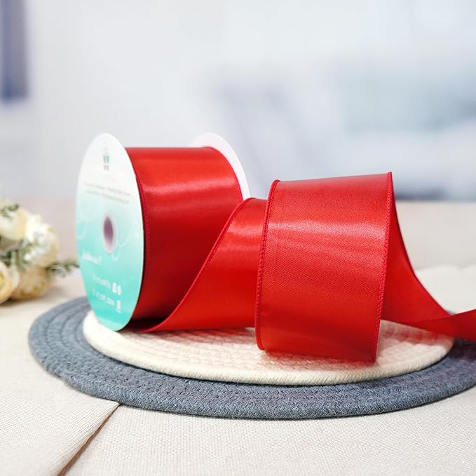 CT CRAFT LLC Satin Wired Ribbon 2.5 Inch x 20 Yards Red for Christmas Home Décor Gift Wrapping Tree Topper Bow Wreath DIY Crafts,