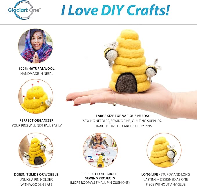 GLACIART ONE Sewing Pin Cushion Beehive | Large Size |Durable & Handmade Craft Supplies | Also for Quilting Needles, Sewing Machine Needles, Safety and T Pins