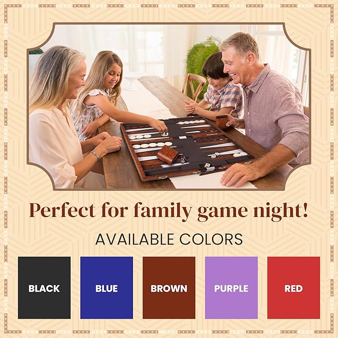 Backgammon Sets for Adults with Premium Leather Case | Classic Travel Backgammon Set for Adults and Kids with Strategy & Guide | 15 Inches | Medium | Brown