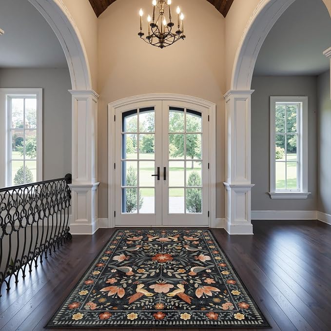 Morebes Washable Black Floral Rug 5x7, Flower Birds Area Rugs for Living Room Non Slip, Soft Low-Pile Indoor Floor Insect Print Throw Carpet for Bedroom Dining Playroom Home Office, Black/Multi