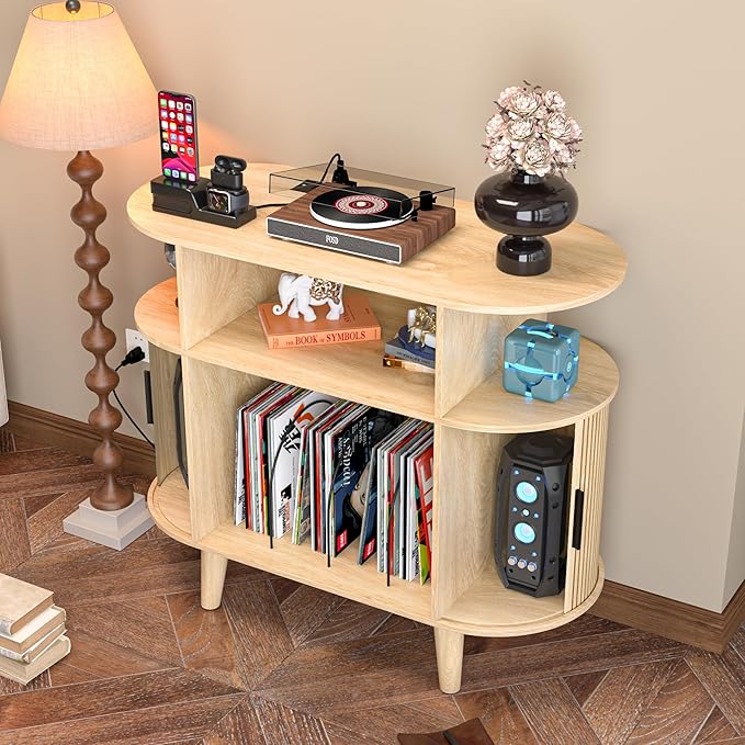 Large Round Record Player Stand with Charging Station & USB Ports，Record Storage Cabinet, Mid Century Modern Turntable Stand for Bedroom Living Room (Small Oak)