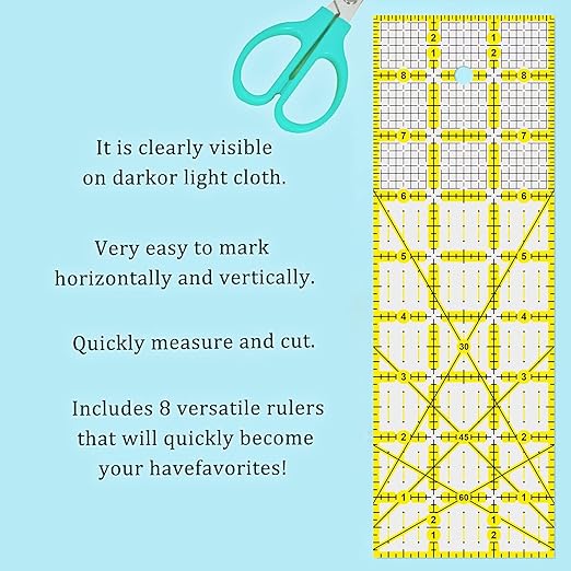 Quilting Rulers, 7 Piece Acrylic Ruler (12.5"X12.5", 9.5"X9.5", 6"X6", 4.5"X4.5",12"x6.5",9"x3",12"x2"), Sewing & Quilting Templates