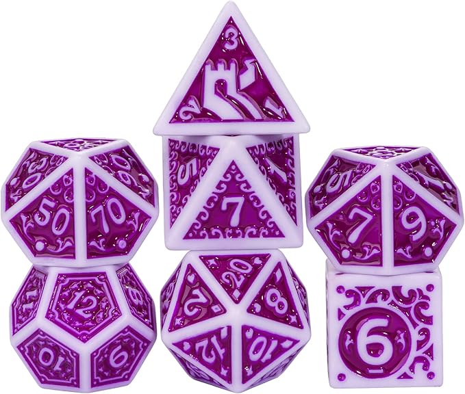 7-Die DND Dice Set New Pattern Polyhedral Dice Set with Leather Bag D&D Die for RPG Table Games(White Purple)