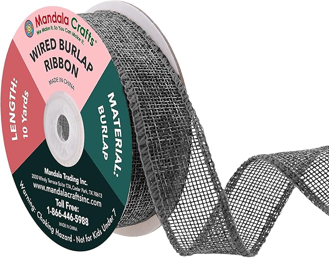 Mandala Crafts Gray Burlap Wired Ribbon 1 Inches Wide Jute Ribbons for Crafts - 10 Yds Roll Rustic Burlap Wrap Trim Ribbons for Wreaths Bows Party Decoration
