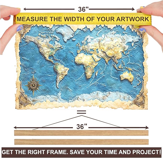 36" Sturdy Magnetic Poster Hanger,Sleek Poster Frame of Teak Wood with Strong Magnets for Safely Hanging Maps Pictures Canvas Scrolls Print Wall Art, Dacri Home (36 Inch, Natural Wood)