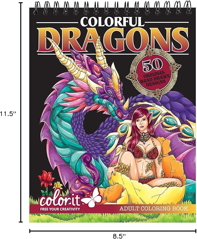 ColorIt Colorful Dragons Adult Coloring Book, Volume I - 50 Single-Sided Designs, Thick Smooth Paper, Lay Flat Hardback Covers, Spiral Bound, Dragon Coloring Pages
