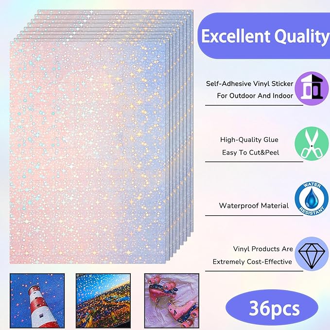 36 Sheets Holographic Sticker Paper Clear A4 Vinyl Sticker Paper Self Adhesive Waterproof Transparent Film Gem Rainbow Star Patterns, 11.7 x 8.3 Inch (Star)