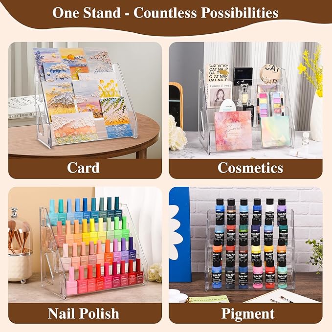 Elevated 4 Tier Clear Acrylic Card Display Stand for Trading Cards, Sports Cards, Greeting Cards, Stickers – Slanted Holder for PSA Slabs, Vendors, Collectors & Retail (4 Tier 1 Pack)