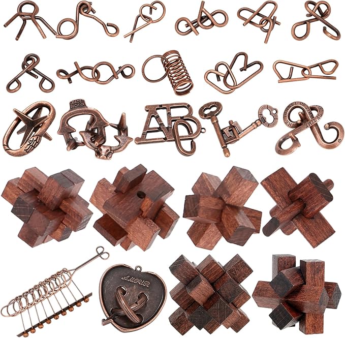 24 Pcs Brain Teaser Puzzles for Adults Teens - Metal Puzzles 3D Puzzle Game Toys for Adults Teens - Wooden Unlock Interlocking Puzzle Adult IQ Education Smart Toys
