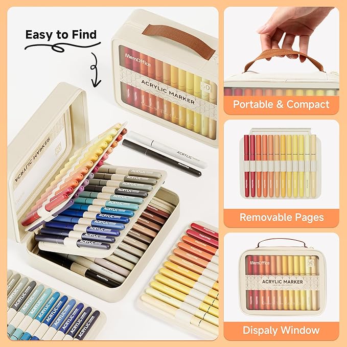 MemOffice Direct Liquid Acrylic Paint Markers, 60 Colors Brush Tip Pens with Carrying Case, No Bleed, Waterproof, for Rock, Wood, Canvas, Glass, Fabric, DIY Crafts for Adults & Kids