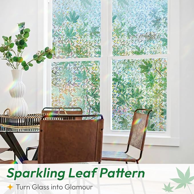 rabbitgoo Rainbow Window Privacy Film Decorative Stained Glass Diamond Pattern Window Sticker with Iridescent Tint Non-Adhesive Static Cling for Home Office Bathroom, Green Leaf 17.5 x78.7 inch