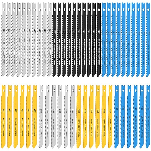 54Pcs Jig Saw Blade Set High Carbon Steel Assorted Saw Blades with U-Shank Sharp Fast Cut Down Jigsaw Blade Woodworking Tool for Wood Metal Plastic Cutting