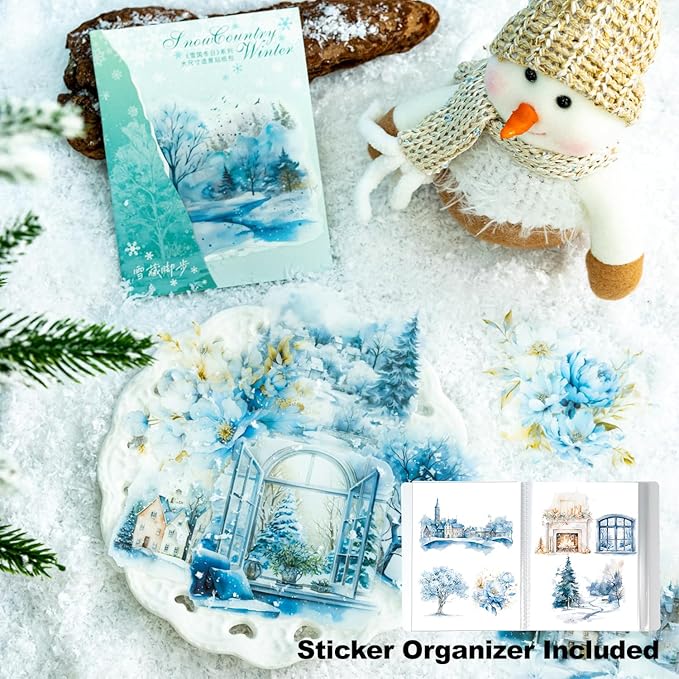 60Pcs Snow Country Winter PET Stickers, Large Landscape Stickers for Scrapbooking, DIY Crafts, Journaling, and Junk Journal Ephemera with Organizer