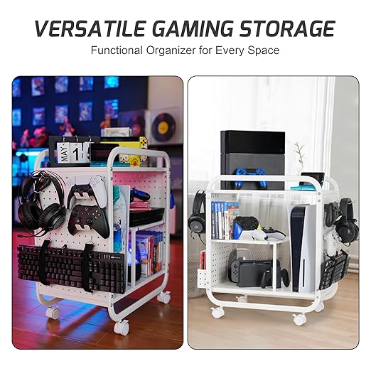 PLKOW Video Game Organizer, Rolling Video Game Storage Rack for Xbox/Switch/PS4/PS5 Accessories, Game Consoles Stand Controllers Holder, Perfect Holiday Present (White)