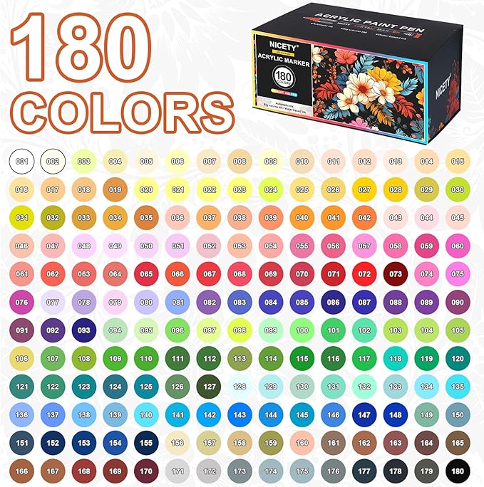 NICETY 180 Acrylic Paint Markers, Acrylic Paint Pens Brush Tip for Rock Painting, Wood, Glass, Stone, Canvas, Ceramic, Fabric - Acrylic Markers DIY Craft & Art Supplies for Adults, Artists