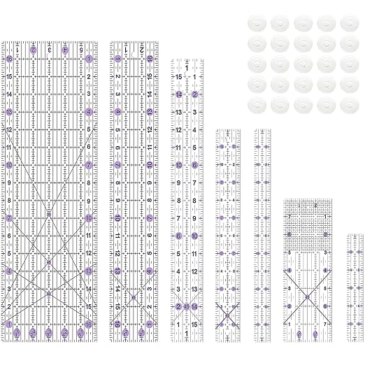 Quilting Ruler, Sewing Ruler, 8 Pack, Acrylic Quilting Templates(6"x17", 3"x17", 2"x16", 1.5"x12", 1"x12", 1"x6", 8"x3"), Non Slip Rings 25 Pieces, Sewing and Quilting Supplies - Clear/Purple