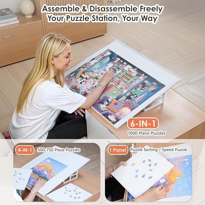 WELGEE 1000-Piecce Tilting Puzzle Board with Stand, 31” x 24” Lightweight Portable Puzzle Table for Adults & Seniors, DIY Customizable Puzzle Accessory Only 3.5 lbs (White)