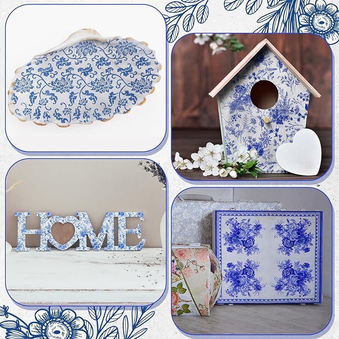 Crtiin 36 Pack 9 Styles Decoupage Napkins Assorted Floral Decorative Decoupage Napkins Chinoiserie Cocktail Paper for DIY Crafting Birthday Party, Each Unfolded 13 Inch(Blue and White Floral)