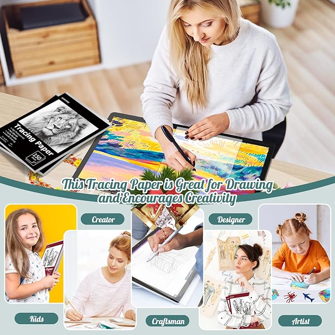 Tracing Paper 8.5x11 inch, 150 Sheets Transparent Vellum Paper for Tracing Pads, Translucent Tracing Paper for Pencil, Marker and Ink - Trace Images, Sketch, Preliminary Drawing, Overlays, Black
