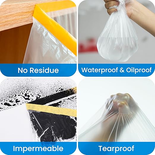 TAPEBEAR Upgrade Pre-Taped Masking Film Extra Thick, High Temp Tape and Drape 102" x 90', Plastic Cover for Automotive, Painting, Plastic Sheeting Masking Tape Film for Auto, Floor, Furniture, 4Rolls