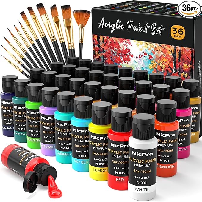 Nicpro 36 Colors Acrylic Paint Set with 12 Brushes & Palette, Non Toxic Art Supplies Kit for Fabric Painting, Canvas, Clay, Wood, Rock & Ceramic, Rich Pigments for Beginners, Students & Professional Artist (2 oz, 60 ml)