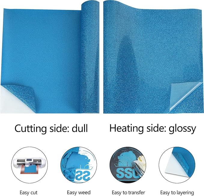 guangyintong Glitter Sky Blue Heat Transfer Vinyl HTV Rolls, 12" x 8ft Iron on Vinyl for T-Shirts Glitter Sky Blue HTV Vinyl for All Cutter Machines Easy to Cut & Weed for Heat Vinyl Design