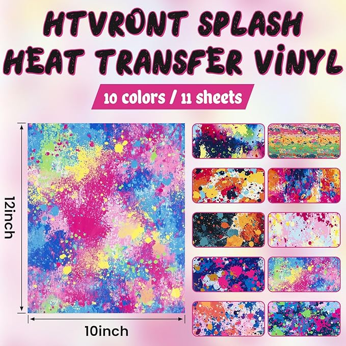 HTVRONT Splatter Heat Transfer Vinyl - 10 Sheets 12"x10" Vibrant Paint Splatter HTV Vinyl, Watercolor Iron-On Vinyl for T-Shirts, Splatter HTV Easy Cut & Weed, Fits All Cutting Machines