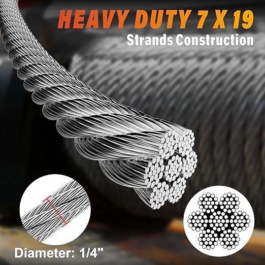 Stainless Steel Cable for Railing - 25FT 1/4" T316 Wire Rope with Clamps and Thimbles - 7 x 19 Strands 6700 LBS Breaking Strength for Outdoor Deck Railing Zipline