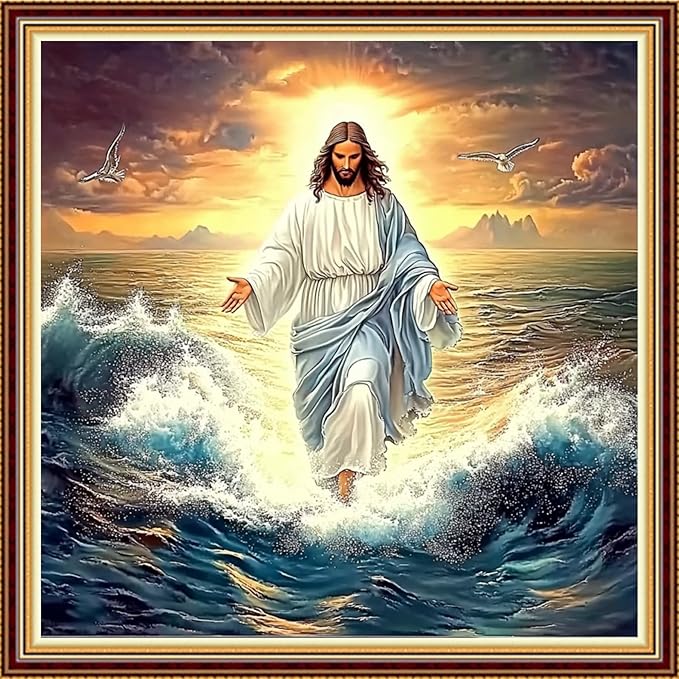Hopeart Stamped Cross Stitch Kits for Beginner Embroidery Kits for Beginners Adults DIY 11CT Cross Stitch Patterns Needlepoint Kits Crossstitching Kits-Jesus Walking on sea 18x18 inch